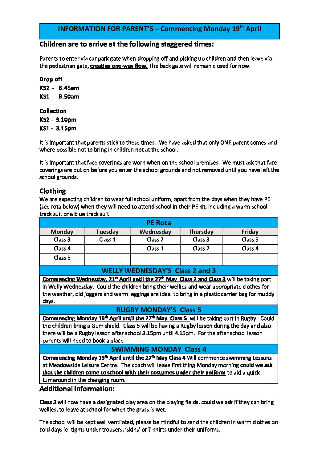 Information for Parents Commencing Monday 19th April 2021