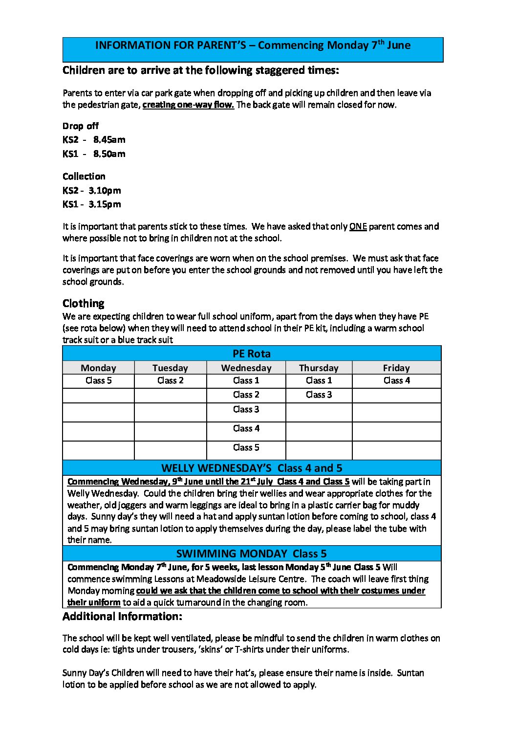 Information Sheet for Parents – Week Commencing 7th June 2021