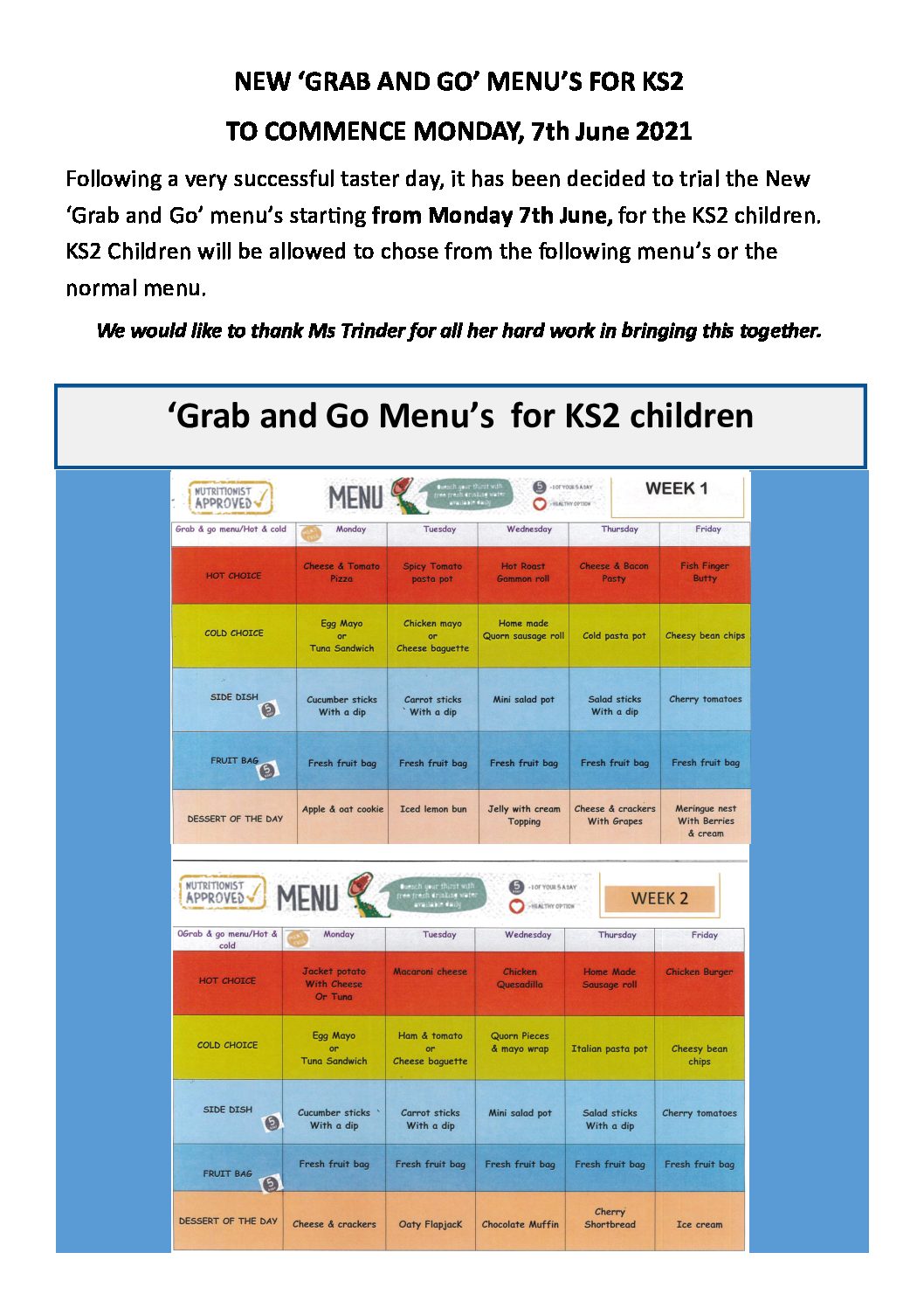 New Grab & Go Menu for KS2 and normal 3 week menu choice