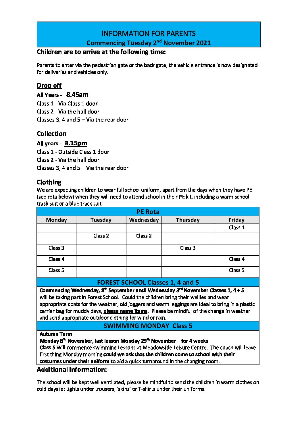 Information for Parents – Commencing Tuesday 2nd November 2021