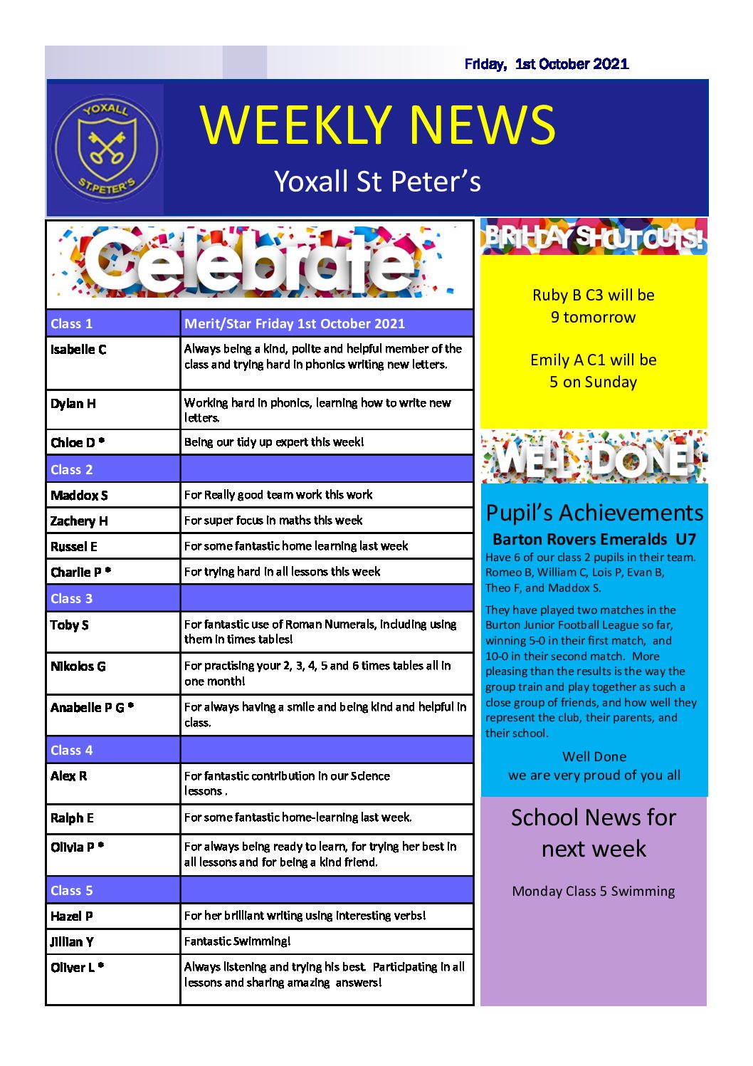 Weekly News and Celebration Assembly – Friday 1st October 2021