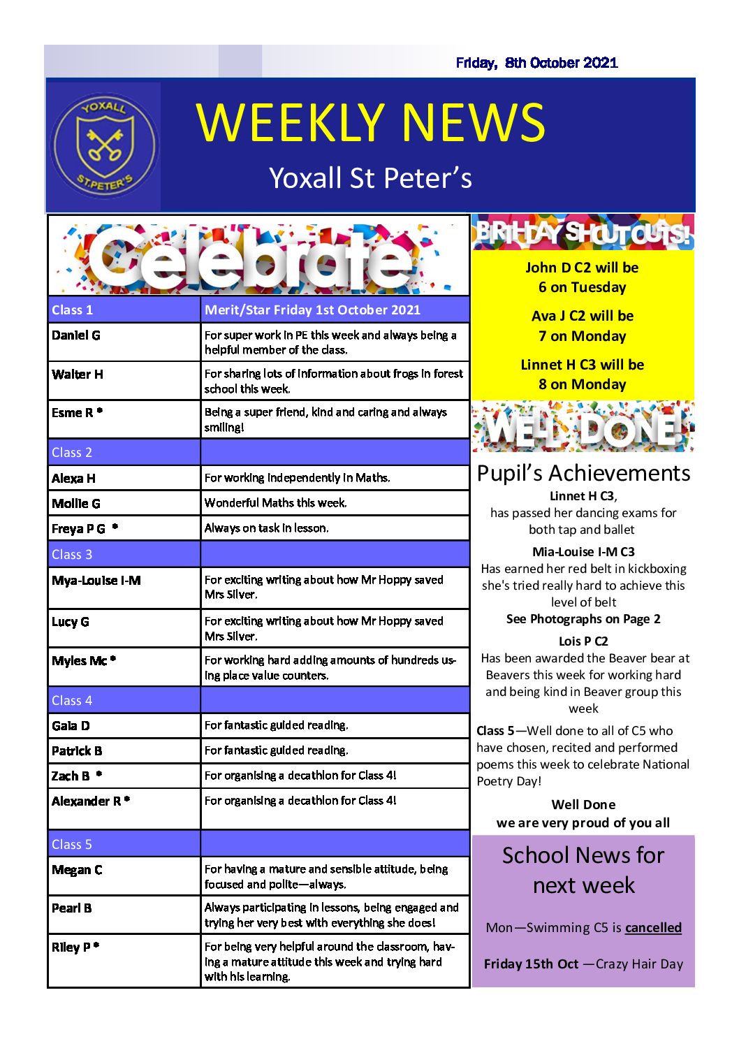 WEEKLY NEWS AND CELEBRATION ASSEMBLY – FRIDAY 8TH OCTOBER