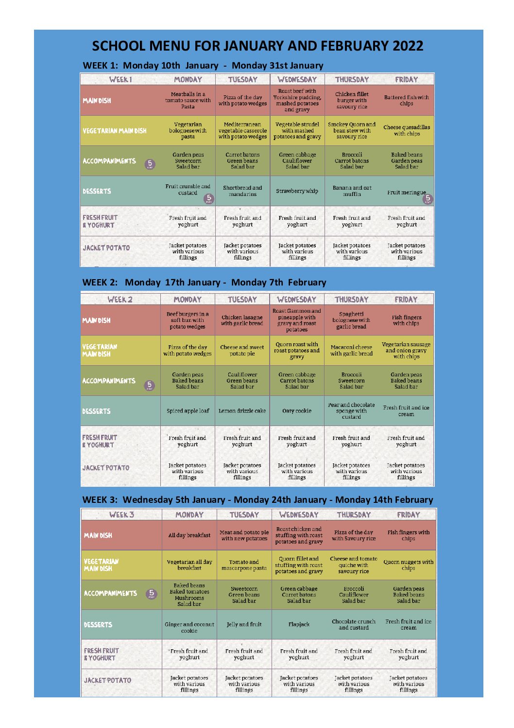 School Dinner Menu – January + February 2022