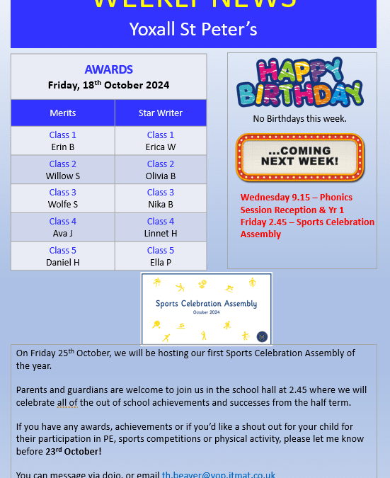 Weekly Newsletter Friday 18th October 2024